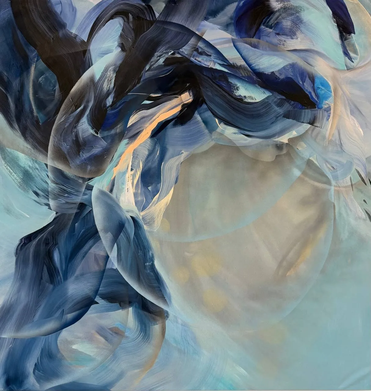 Blue Emergence, Acrylic, Ink, Spray Paint on Raw Canvas by Misha Cittadini